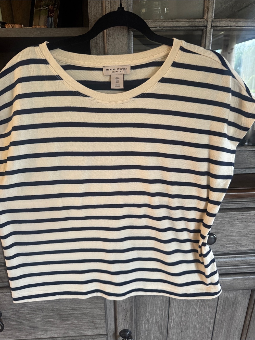 Martha Stewart Cream and Navy Striped Short-Sleeve Crewneck Top